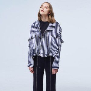 Linen Blend Hooded Striped Nautical Utility Jacket